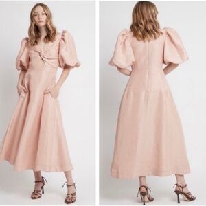 AJE Dusk Knot Puff-Sleeve Linen Cut-Out Midi Dress